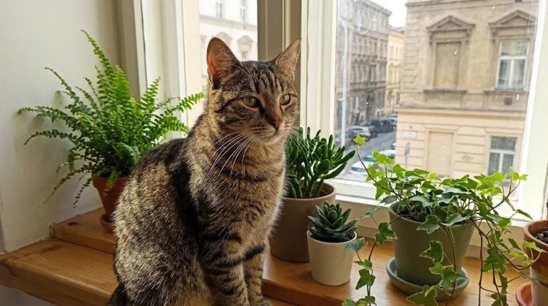 Kočka domácí odpočívající na okenním parapetu